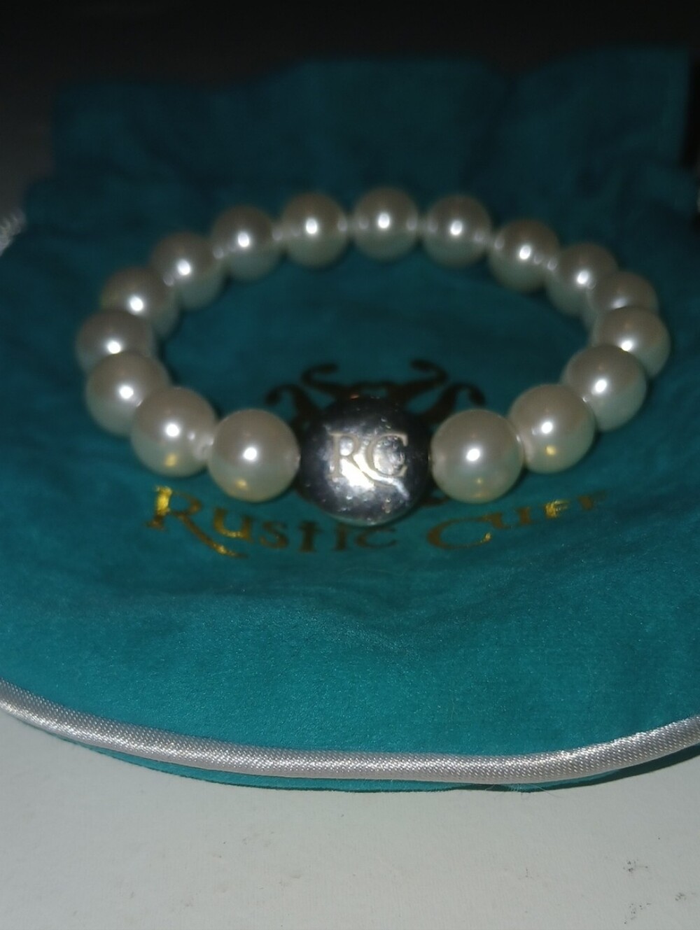 Rustic Cuff White Pearl Bracelet with Silver RC Accent